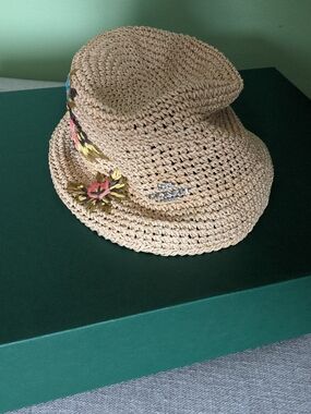 Coach Beige Woven Straw Bucket Hat with Floral Trim